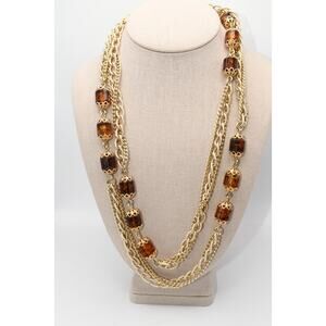 Vintage Sarah Coventry Long Necklace Topaz Lucite Triple Chain 50 Inch